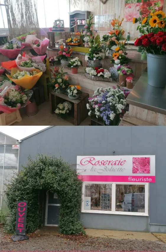 Bouquets en boutique et façade de la Roseraie La Joliette
